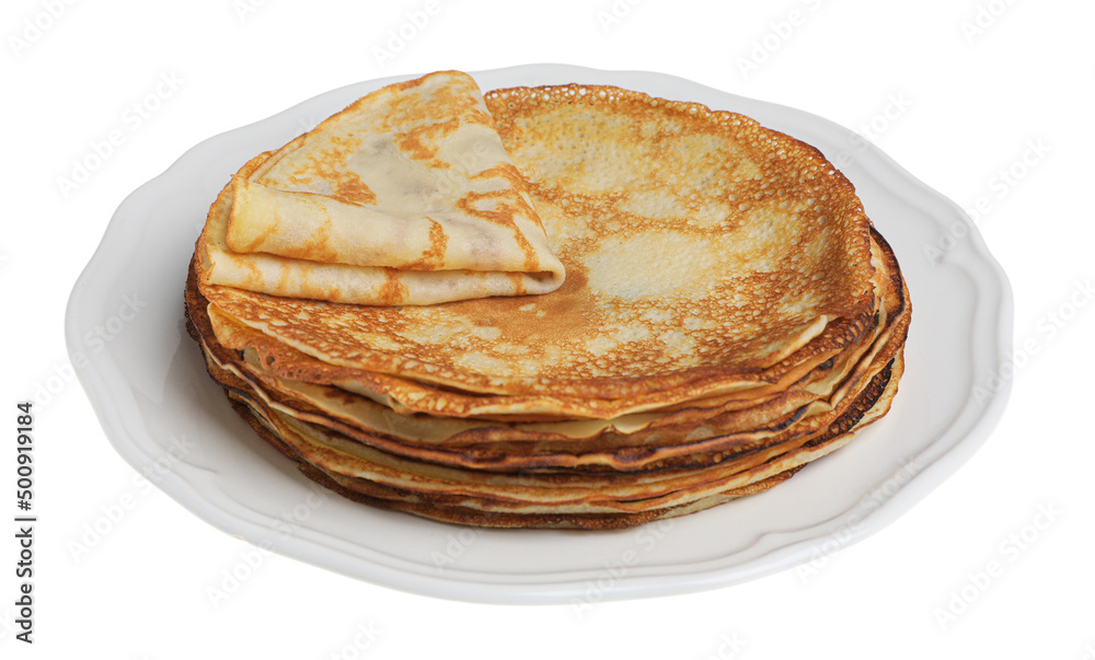 Stack of delicious crepes on plate against white background