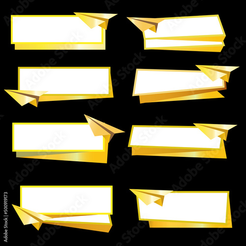 Golden paper airplane with banner on black background