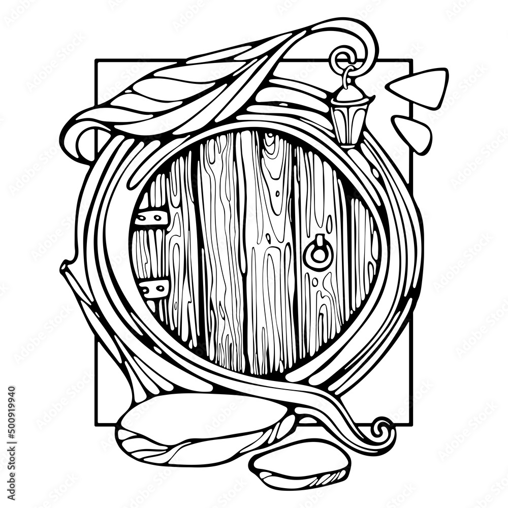 Cartoon Wooden and Stone Round Door Outline Doodle. Fairy Door Coloring ...