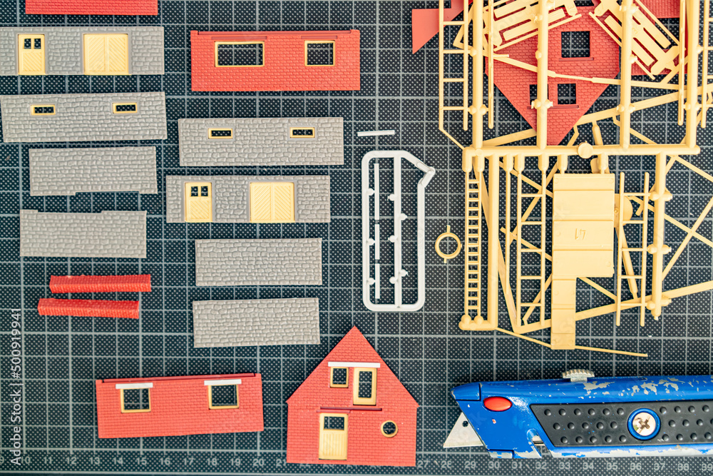 Model house details and tools for assembling. Concept Hobbies, technology Model house details and tools for assembling. Concept Hobbies, technology