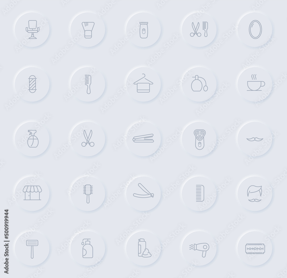 barbershop line gray icons on round rubber buttons. barbershop icon set for web, mobile apps, ui design and promo business polygraphy barbershop line gray icons on round rubber buttons. barbershop icon set for web, mobile apps, ui design and promo business polygraphy
