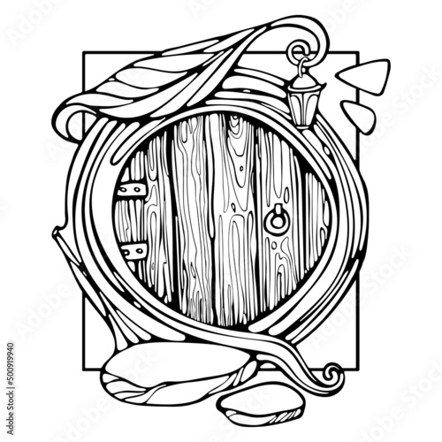Cartoon Wooden and Stone Round Door Outline Doodle. Fairy Door Coloring book Vector Illustration