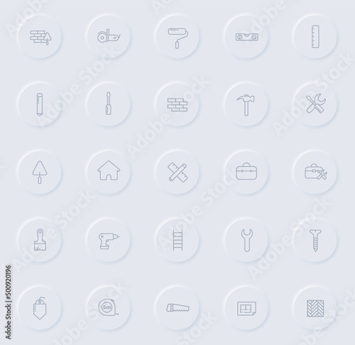 construction line gray icons on round rubber buttons. construction icon set for web, mobile apps, ui design and promo business polygraphy