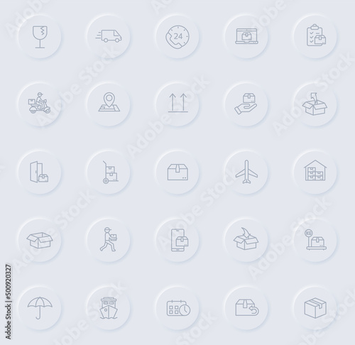 delivery line gray icons on round rubber buttons. delivery icon set for web, mobile apps, ui design and promo business polygraphy