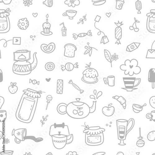 Seamless pattern with food  drinks and utensils on white background. Doodle cafe wallpaper. Cute vector print.