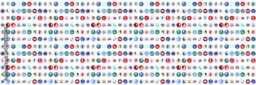 Horizontal texture from a seamless hockey pattern with multicolored hockey icons in a round frame. Vector illustration for sports banners, flyers, wallpapers, background, sales, discounts, promotions