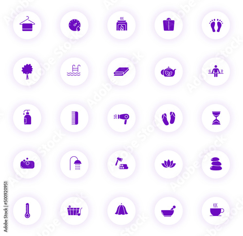 sauna purple color silhouette icons on light round buttons with purple shadow. sauna vector icon set for web, mobile apps, ui design and print