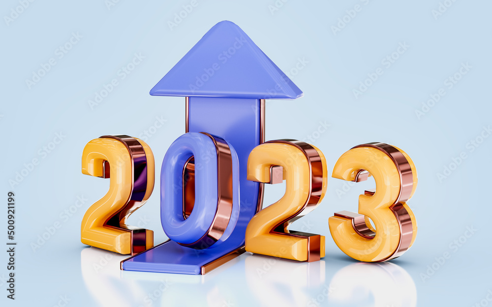 happy new year 2023 with up arrow golden and glass effect 3d render concept for aim goal in year 