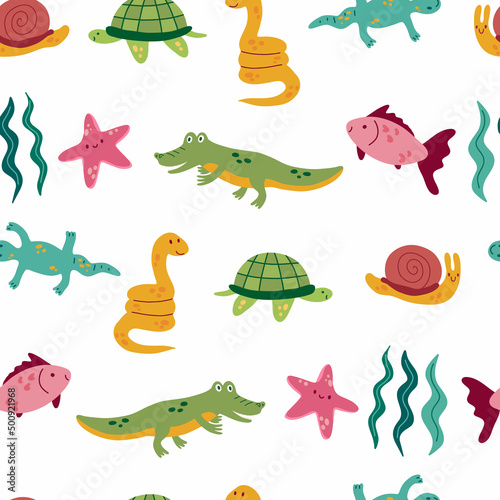 Cute animals seamless pattern. Simple cartoon crocodile, snake, snail, starfish, lizard, turtle. Baby childish tropic animal. Vector set illustration isolated ob white.