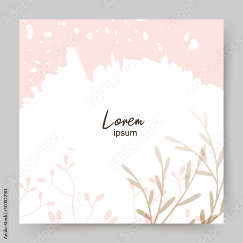 Pink gold square abstract background. Minimal floral elements and texture. Editable vector template for card, banner,  invitation, social media post, poster, mobile apps, web ads