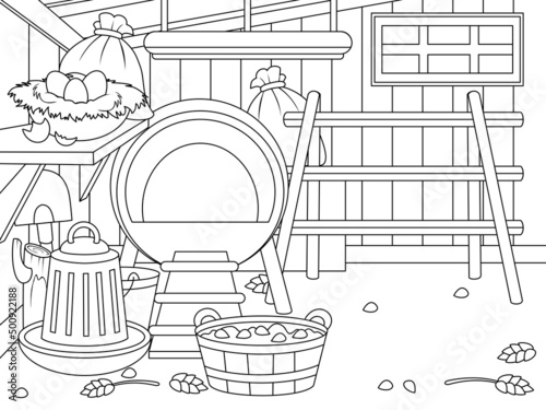 The interior of an agricultural building. Chicken coop with furniture and items. Children coloring book.