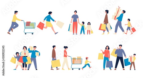 Family shopping. Consumers parents with kids holding shop bags and boxes with gift. Supermarket and boutuque fun customers, cartoon flat recent vector characters