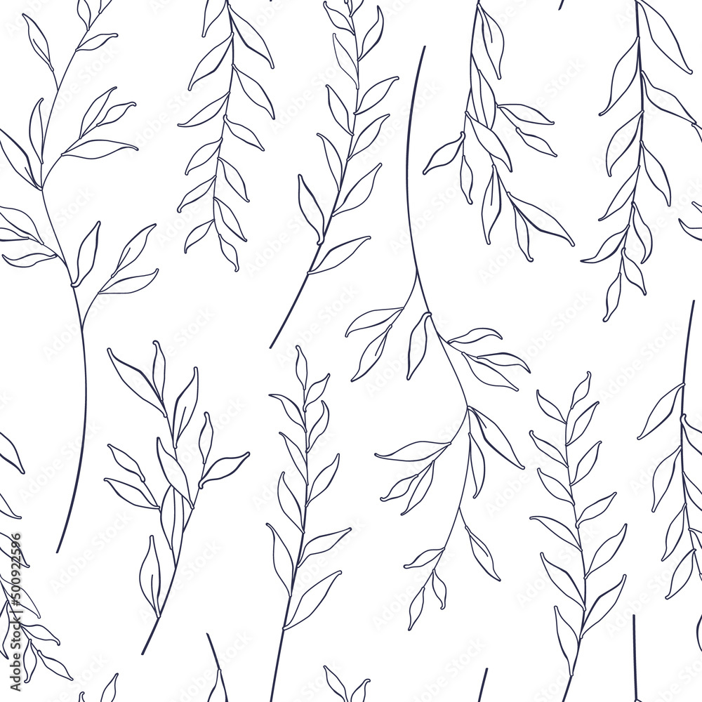 Naklejka premium Pattern of curved twigs. Delicate floral background in blue and white colors. Vector seamless pattern.