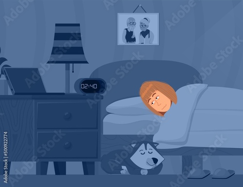 Female insomnia. Worry woman awake at night, tired girl not sleep. Anxiety and restless, cartoon tiredness character in bed. Sleeping disorder decent vector scene