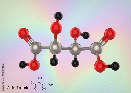 3d illustration of tartaric acid structure. Tartaric acid is a white, naturally occurring, crystalline organic acid. 