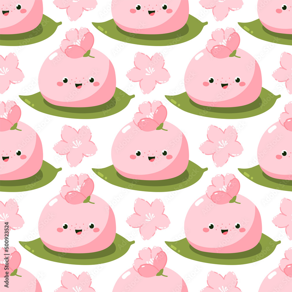 Obraz premium Vector seamless pattern with cute sakura mochi character