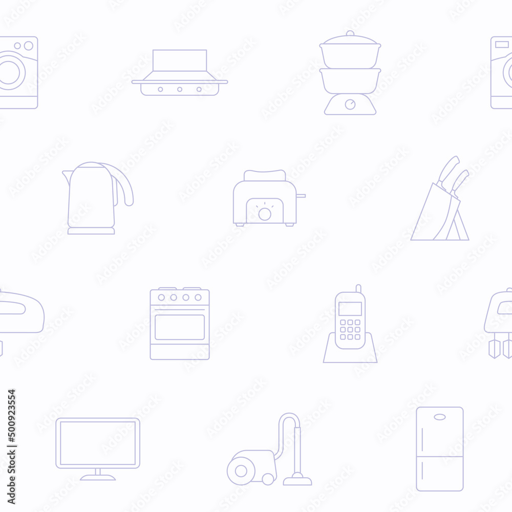 Home machines - Vector background (seamless pattern) of refrigerator, vacuum, microwave, blender, oven, kettle and other appliances for graphic design