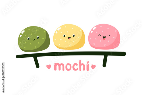 Cute mochi characters. Vector illustration of Japanese sweets and desserts. Kawaii print. Isolated on white background