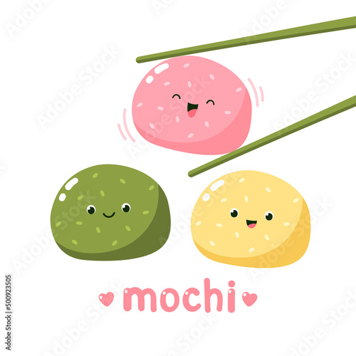 Cute mochi characters. Vector illustration of Japanese sweets and desserts. Kawaii print. Isolated on white background