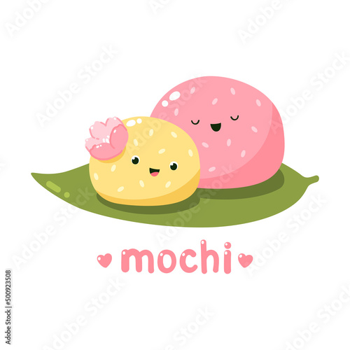 Cute sakura mochi characters. Vector illustration of Japanese sweets and desserts. Kawaii print. Isolated on white background