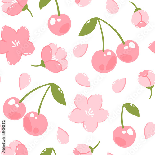 Spring vector seamless pattern with sakura and cherry fruits