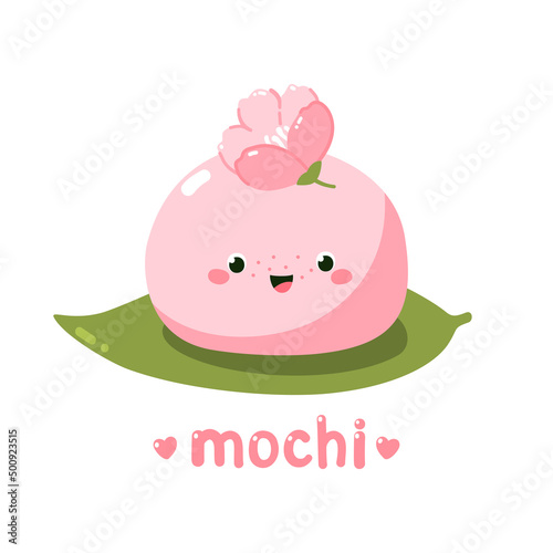 Cute sakura mochi character. Vector illustration of Japanese sweets and desserts. Kawaii print. Isolated on white background