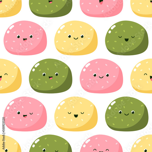 Vector seamless pattern with colorful cute mochi characters