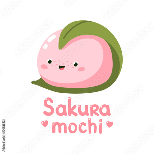 Cute sakura mochi character. Vector illustration of Japanese sweets and desserts. Kawaii print. Isolated on white background