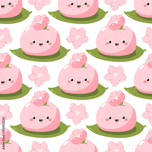 Vector seamless pattern with cute sakura mochi character