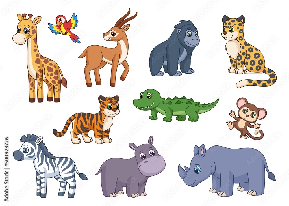 Naklejka premium Cartoon exotic animal. Safari animals, monkey, lion and giraffe. Zoo life, garish exotic wild cute characters. Baby wildlife, hippo, zebra and tiger vector kit