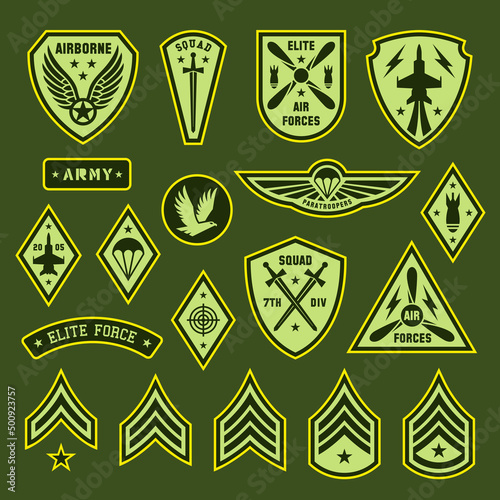 Army badges and patches. United elite forces  military emblems with wings. Soldier ranking chevron  air force war tags. Typography or textile tidy vector templates