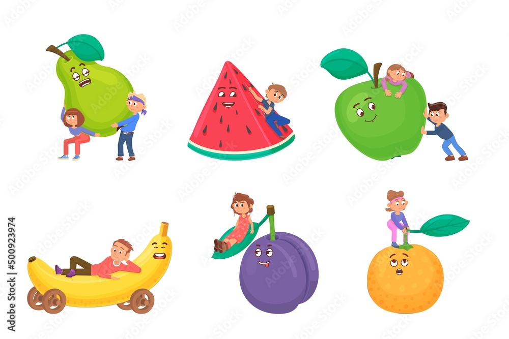 Obraz premium Kids play with big cartoon fruits. Happy characters, baby meals fresh food. Children holding banana, apple, orange and watermelon slice, decent vector set