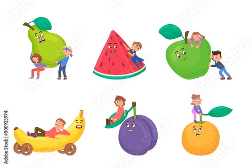 Fototapeta Naklejka Na Ścianę i Meble -  Kids play with big cartoon fruits. Happy characters, baby meals fresh food. Children holding banana, apple, orange and watermelon slice, decent vector set