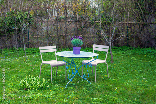 table with lavender and two chairs in a garden on green lawn