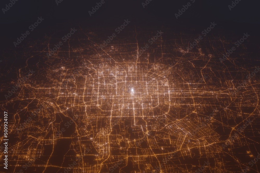 Aerial shot of Beijing (China) at night, view from south. Imitation of satellite view on modern city with street lights and glow effect. 3d render