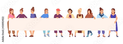 Diverse woman with banner. Female demonstration, different girls holding blank poster. Power of female, cartoon businesswoman decent vector set