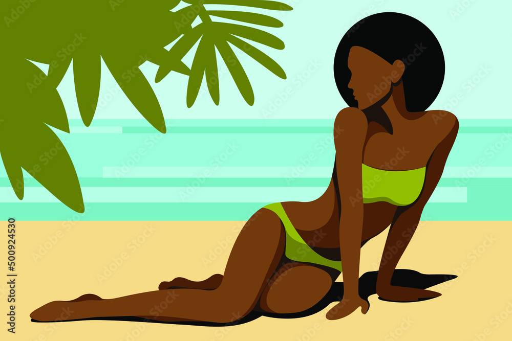 vector illustration on the theme of summer holidays. a beautiful young black girl in a green bathing suit and a big red hat is sunbathing on the beach near the sea or ocean in a tropical resort.
