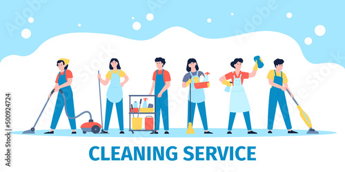 Cleaning service team. Cleaners group with equipment, professional people banner. Housekeeper company, laundry and industrial clean recent vector poster