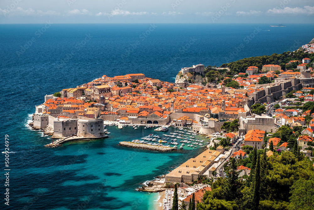 Dubrovnik old town surrounded by fortified walls above the Adriatic sea, Croatia