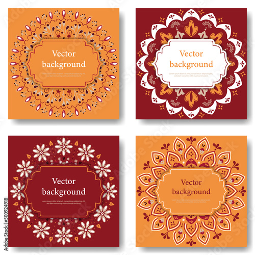 Set of abstract floral mandala on orange and red background. Square banners
