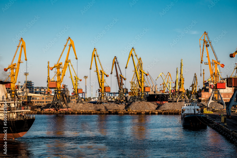 industrial cargo port with cranes