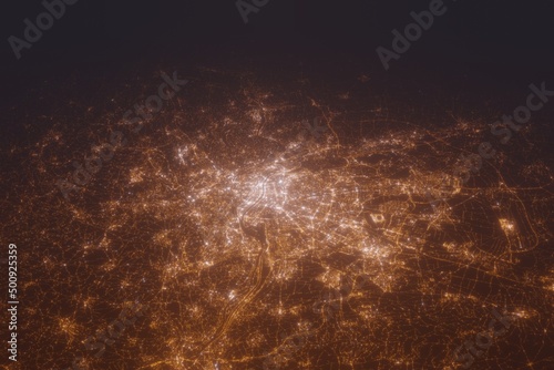 Fototapeta Naklejka Na Ścianę i Meble -  Aerial shot of Lyon (France) at night, view from south. Imitation of satellite view on modern city with street lights and glow effect. 3d render
