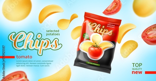Realistic potato chips poster. 3D snacks advertising banner. Flying baked food elements. Designer packaging. Tomato taste. Fast food. Unhealthy vegetable meal container. Vector concept