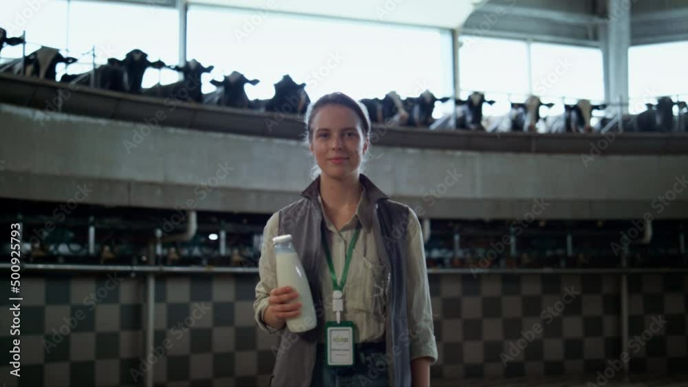 Smiling livestock manager posing in dairy production facility parlour alone. Smiling livestock manager posing in dairy production facility parlour alone.