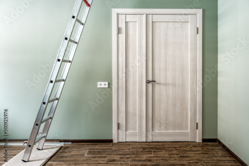 white door and ladder in the hallway
