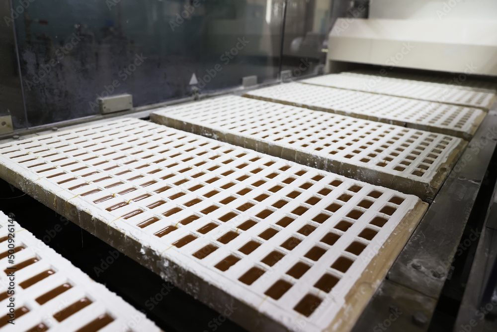Chocolate candy production line at the factory