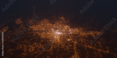 Street lights map of Eugene (Oregon, USA) with tilt-shift effect, view from south. Imitation of macro shot with blurred background. 3d render, selective focus photo