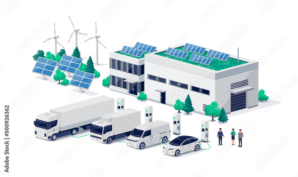 Company electric cars fleet charging on fast charger station at logistic centre. Cargo transport delivery utility vehicles semi truck, van, business recharging renewable solar wind electricity energy. - obrazy, fototapety, plakaty 