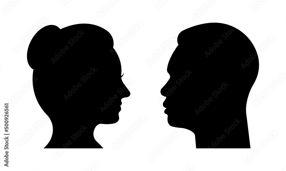 Black silhouette profile of man and woman. Portrait or avatar mans and womans face. Beautiful couple.