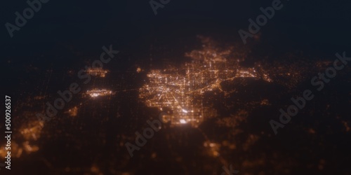 Street lights map of Sacramento (California, USA) with tilt-shift effect, view from south. Imitation of macro shot with blurred background. 3d render, selective focus